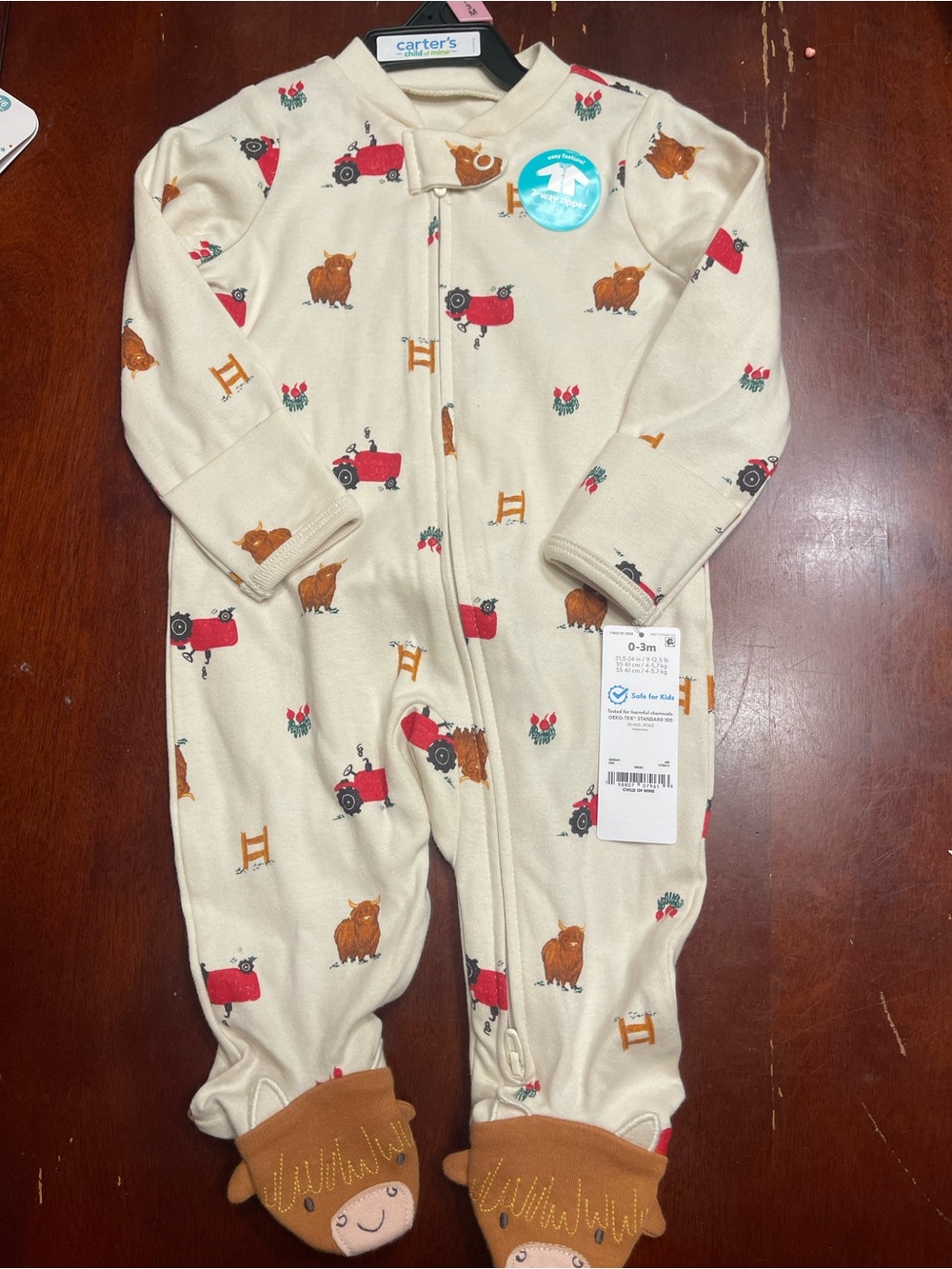 Carter's Cream Footed One-Piece with Red Tractor & Brown Animal Print
